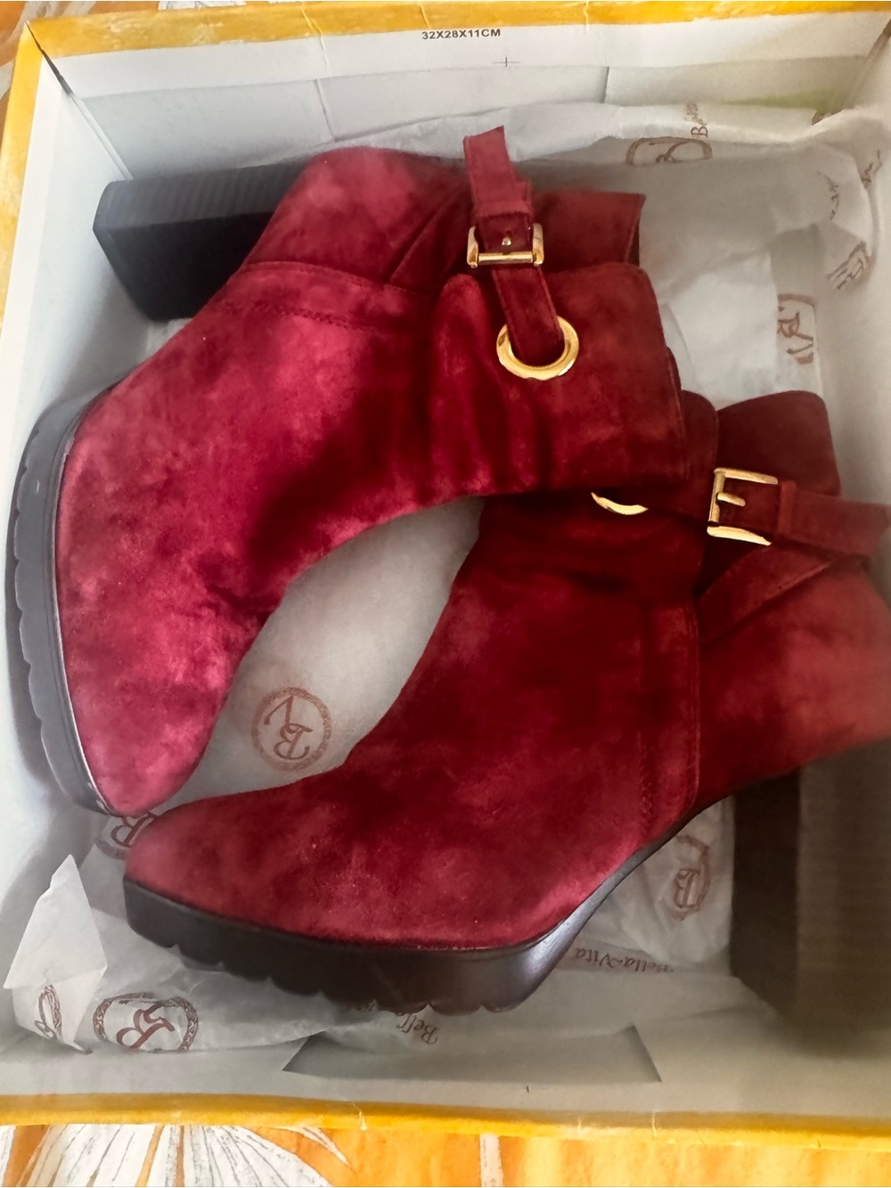 Bella Vita Burgundy Suede Ankle Booties with Gold Buckle
